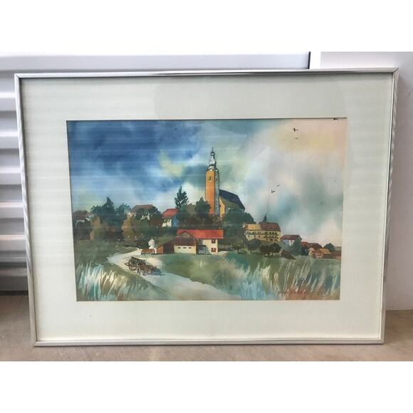 Vera Gilbert Original Signed Watercolor Painting Fall Town Scene Framed